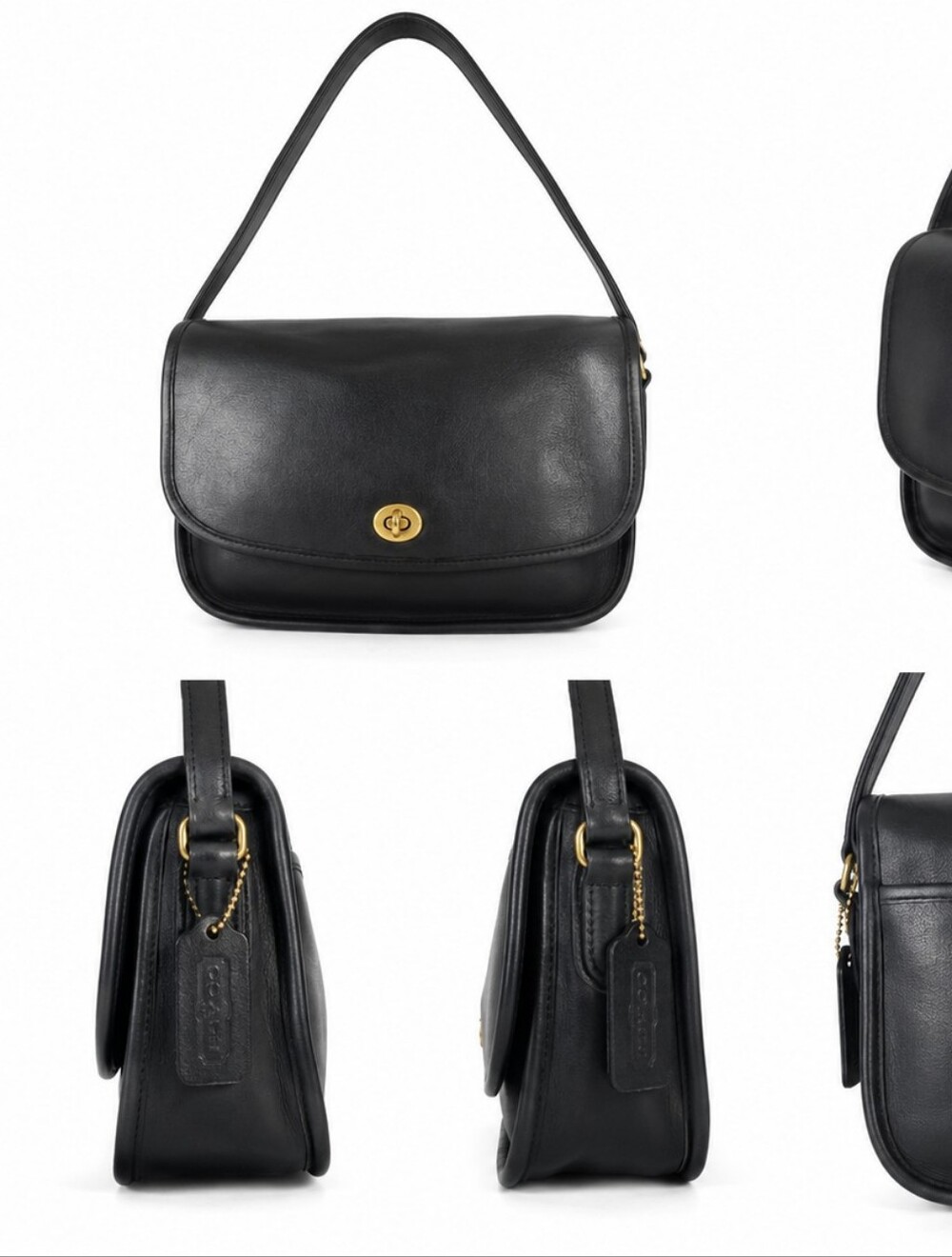Vintage Coach Black Leather Shoulder Bag with Gold Turn-Lock